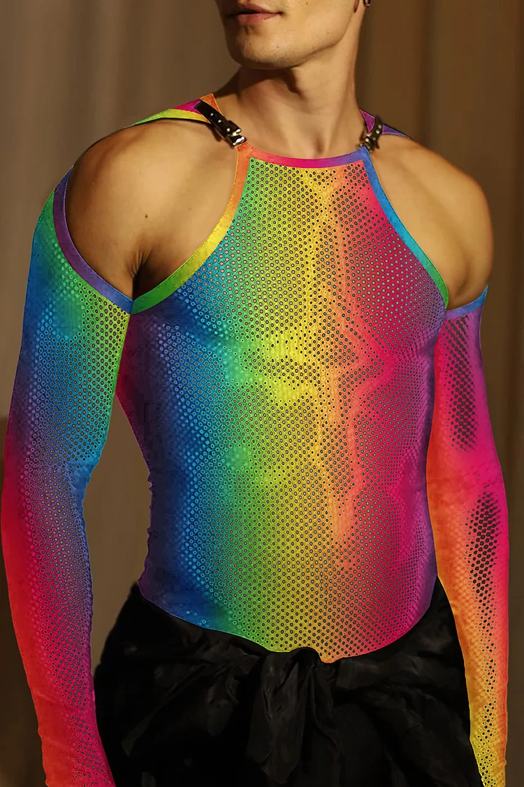 Rainbow Gradient Mesh See-Through Stretchy Cold Shoulder Top
