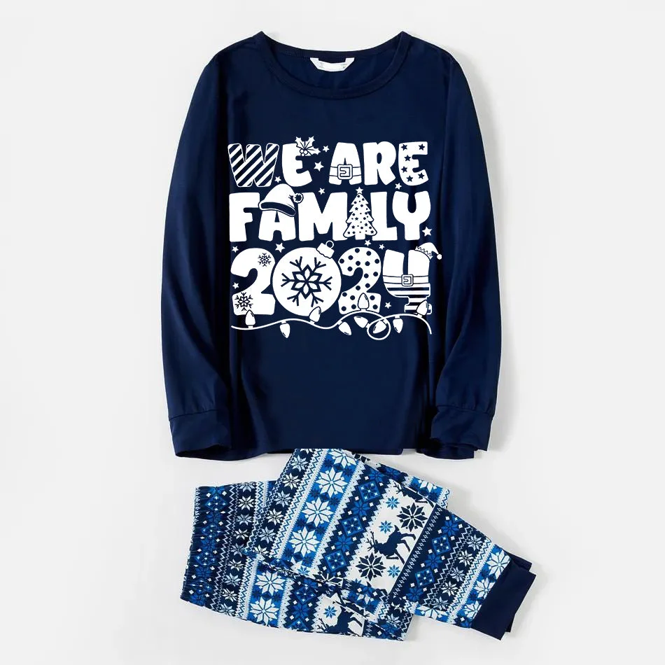 "We are Family 2024" White Letter Print Blue Long Sleeve With Blue Floral Pants Family Matching Pajamas Sets