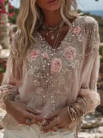 Women's Vintage Pink Floral Art V-neck Long Sleeve Linen Blend Blouse