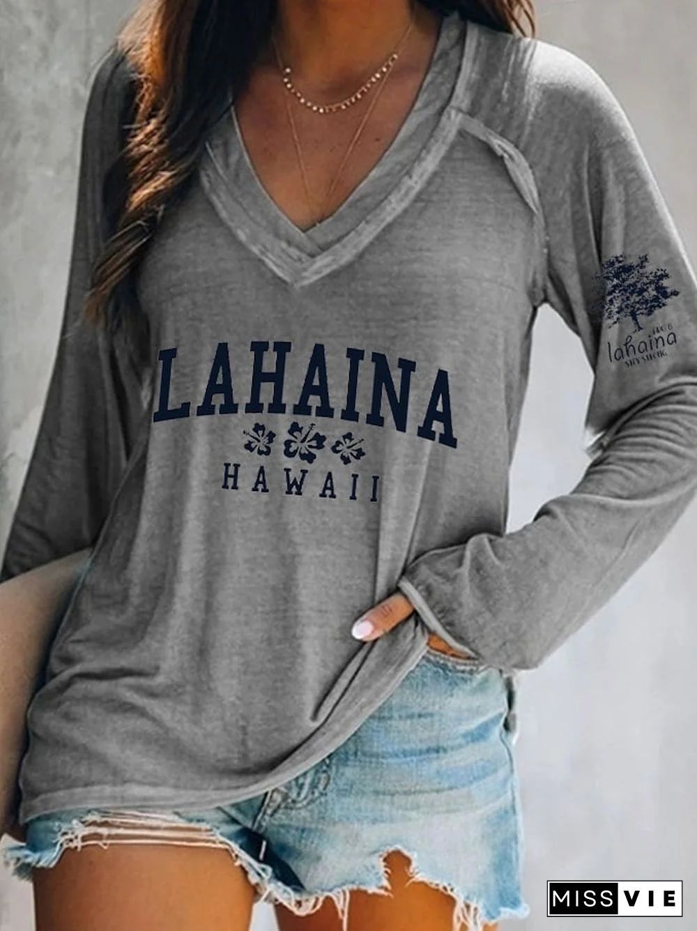 Women's Lahaina Strong Hawaii Tree of Life Aug 8 Hibiscus Print V-Neck Top