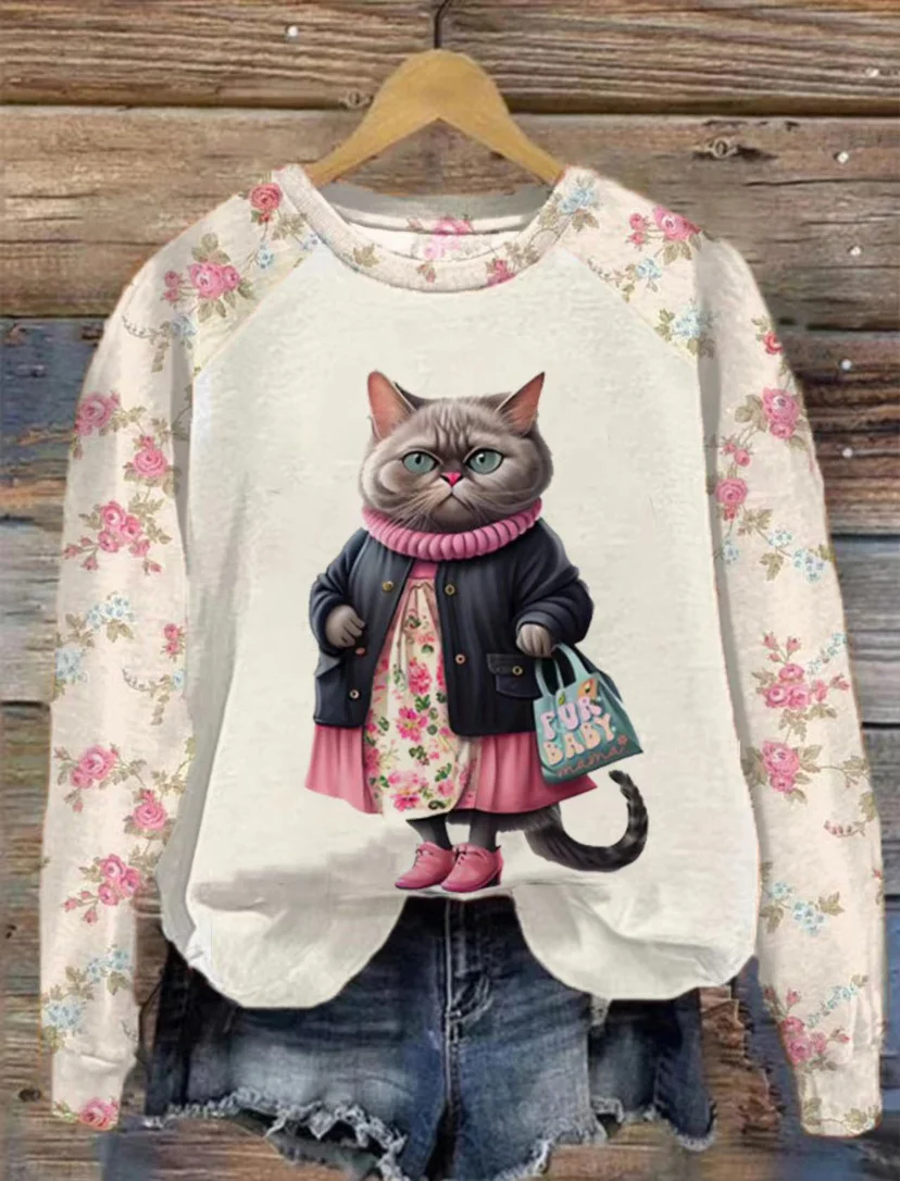 Women's Cat Print Long Sleeve Sweatshirt