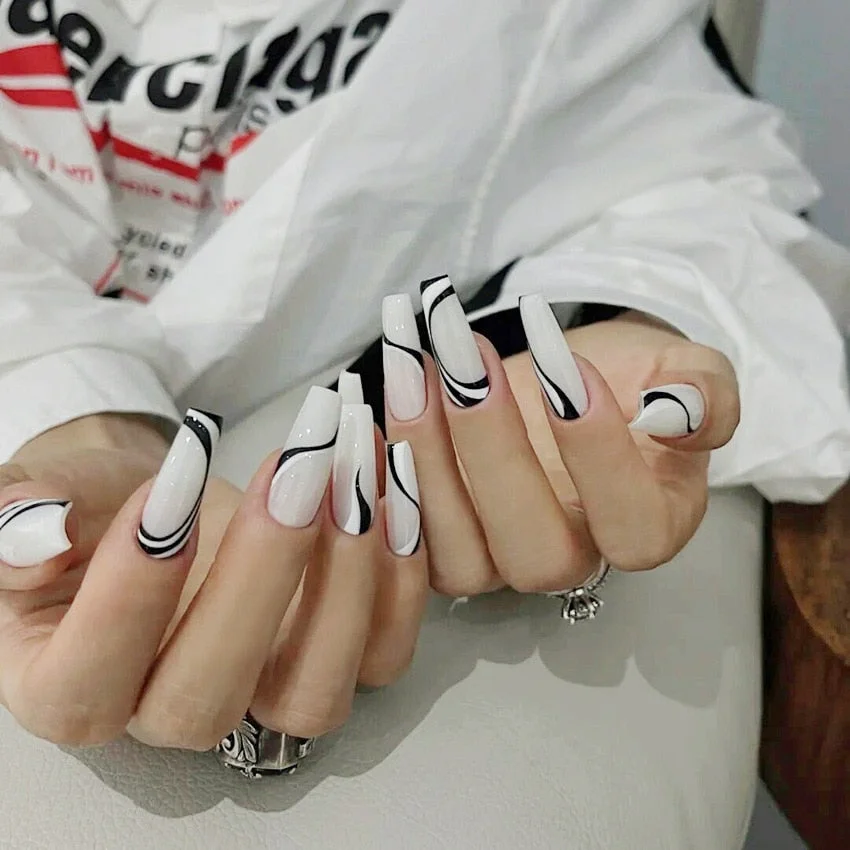 24pcs Full Cover Fake Nails Art Tools Matte Press on Coffin French Acrylic False Nail Tips With Glue Display Artificial Designs-Nail Inspo