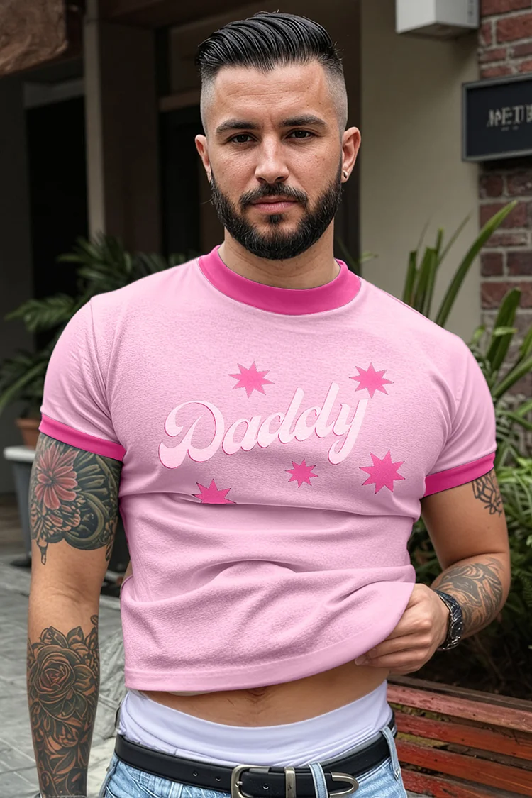 Ciciful Men's Daddy Print Contrast Binding Casual Pink Top