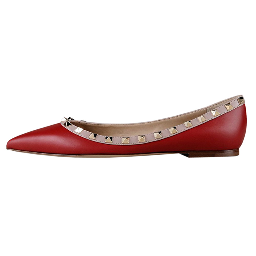 Pointed Toe Flats For Women Fashion Rivets Comfort Ballet Red Matte Flats Shoes-vocosishoes