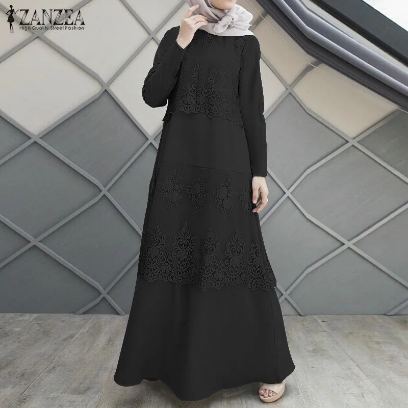 ZANZEA Elegant Women Muslim Lace Crochet Maxi Dress Autumn Long Sleeve Patchwork Sundress Kaftan Abaya Turkey Hijab Dress Caftan