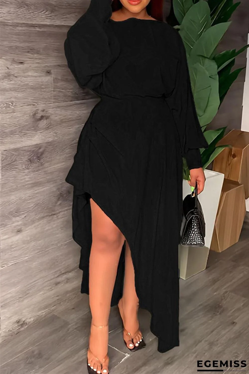 Black Casual Solid Slit O Neck Long Sleeve Dresses | EGEMISS
