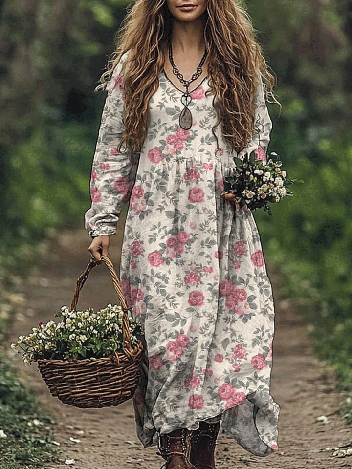 Vintage Style French Rose Pattern Printed Women's Pocket Cotton Dress