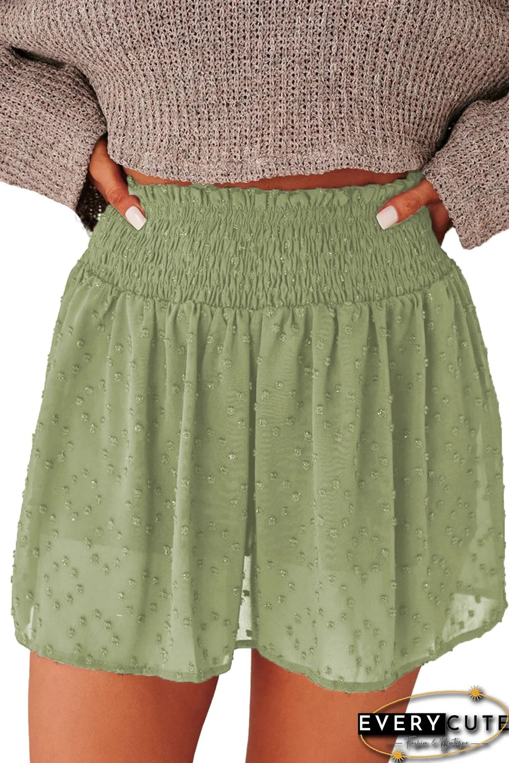 Green Smocked Waist Swiss Dot Casual Shorts