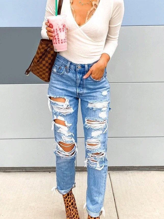 Women's Jeans Ripped Straight-Leg Slim-Fit Jeans