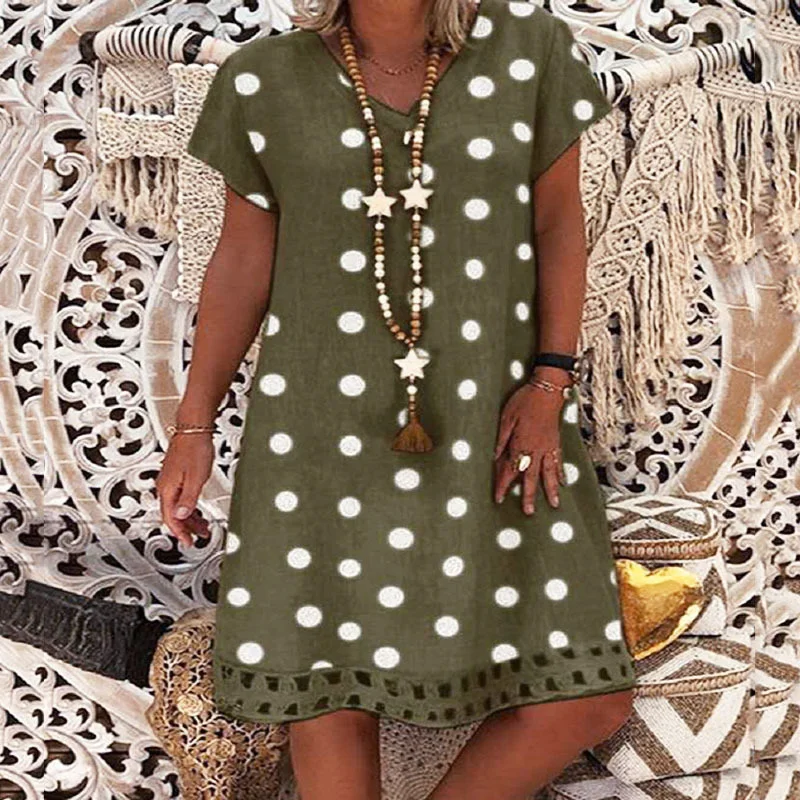 Women's Knee Length Dress - Short Sleeve Polka Dot Print Summer Plus Size Dress