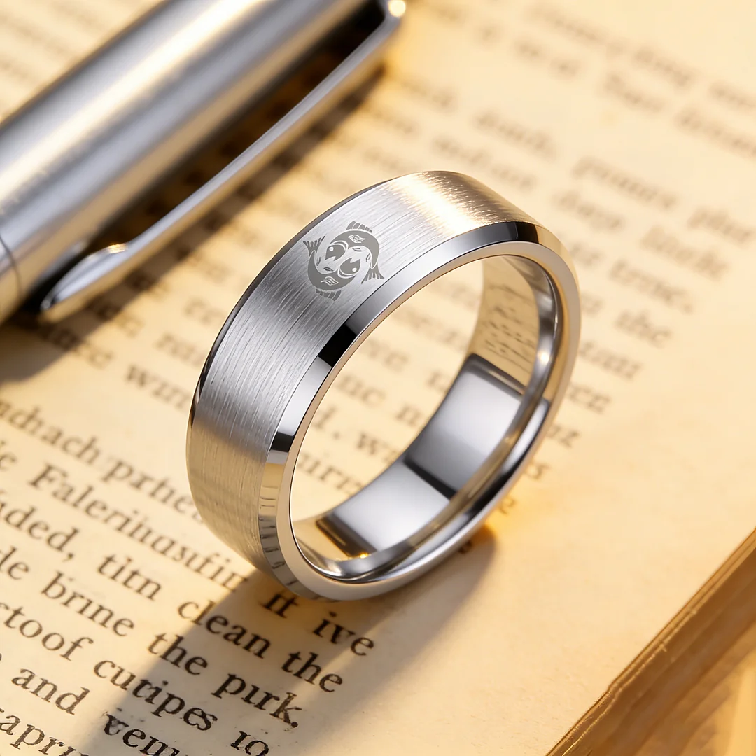 Mens Womens Sliver Pisces Tungsten Carbide Rings Sliver Edges and Laser Etched Wedding Bands Comfort Fit 4MM 6MM 8MM Width