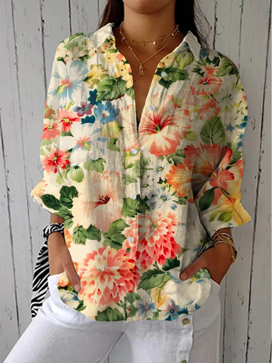 Women's Vintage Floral Art Print Casual Cotton Linen V-neck Shirt