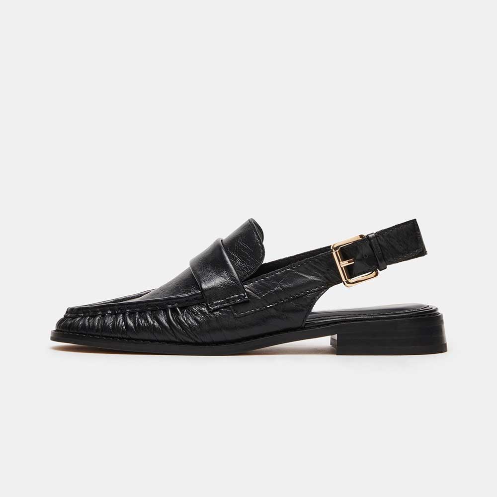 Black Vegan Leather Round Toe Flat Buckled Slingback Formal Loafers Nicepairs