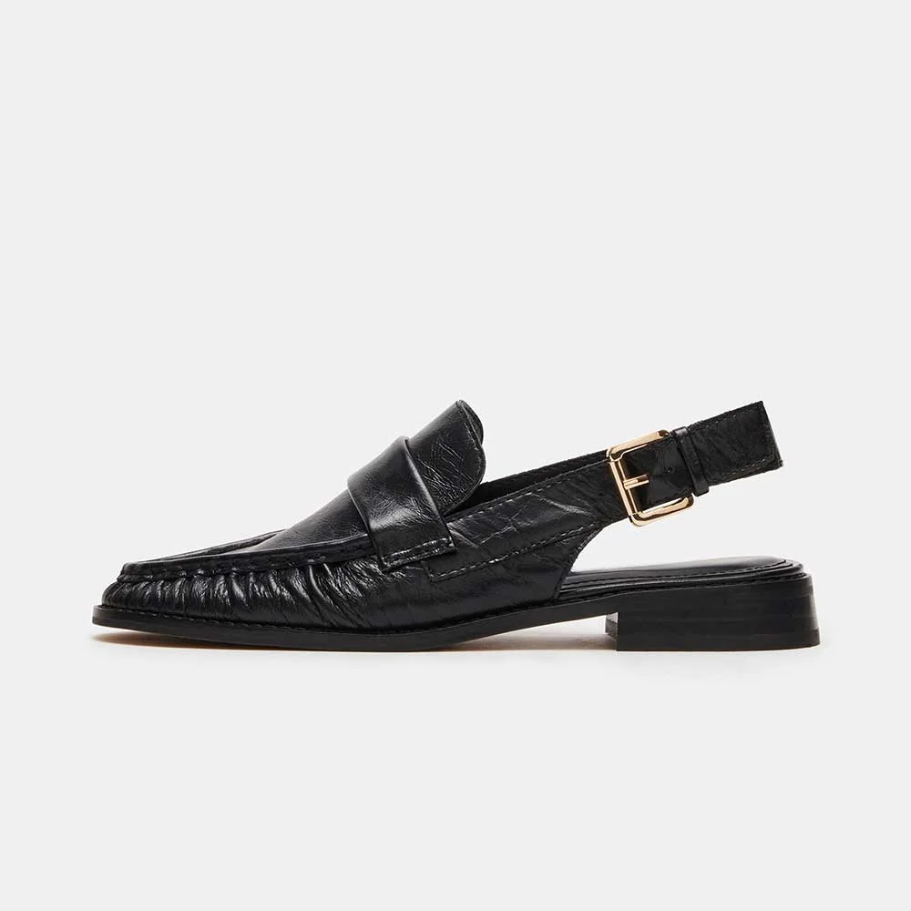 Black Vegan Leather Buckled Slingback Flat Formal Loafers Nicepairs