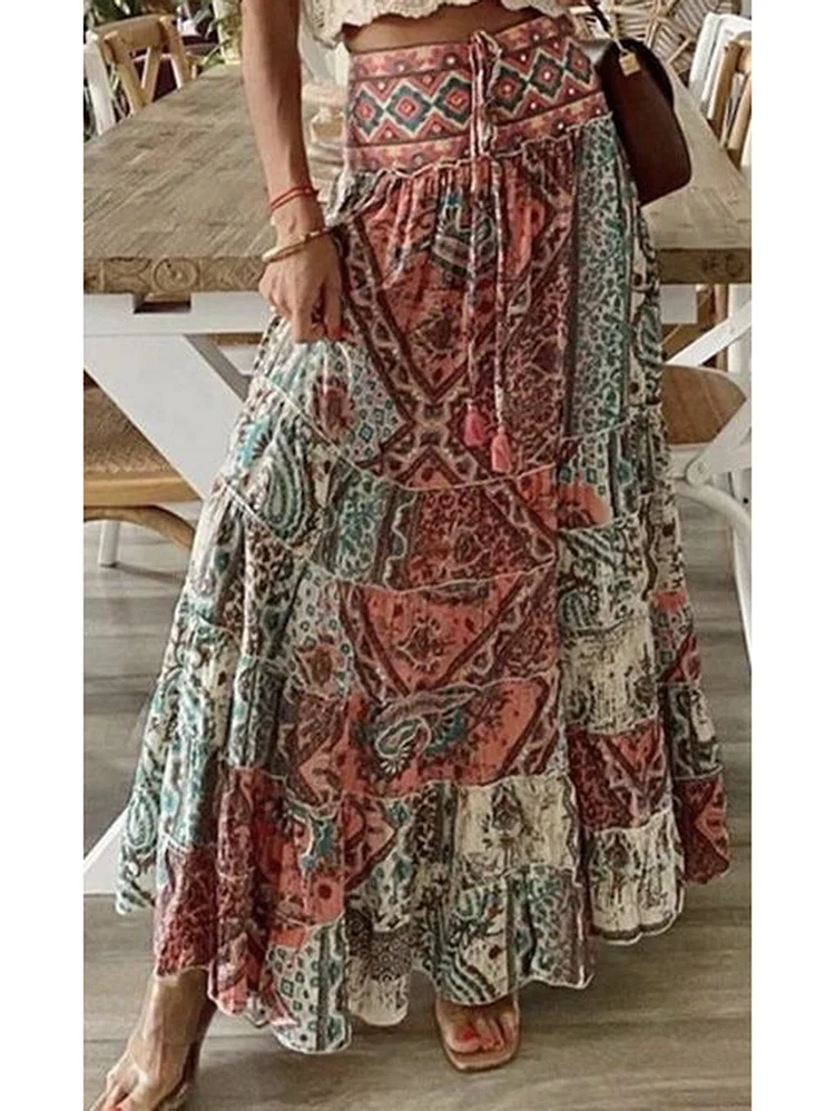 Vintage Colorblock Ethnic Drawstring High Waist Maxi Skirt