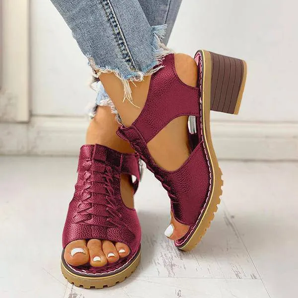 Libiyi Peep Toe Cutout Zipper Chunky Heeled Sandals （get free shipping）
