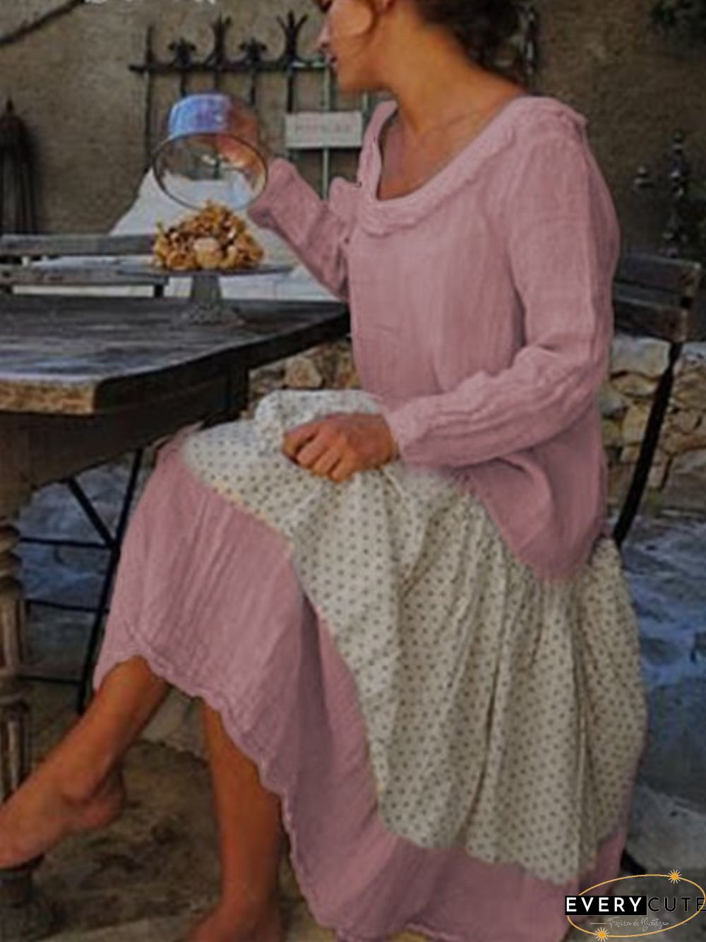 Casual Cotton-Blend Crew Neck Weaving Dress