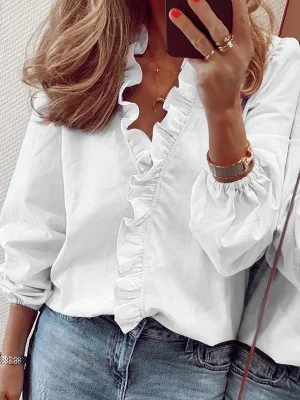 Image of Puff Sleeves Falbala Solid Color V-Neck Blouses