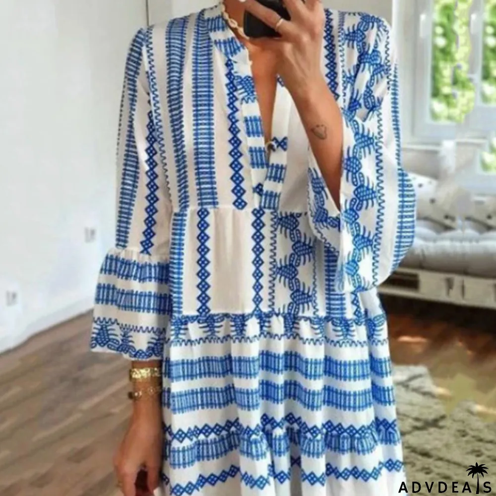 Women's Vintage Boho Print Pleated Deep V Neck Boho Maxi Dress