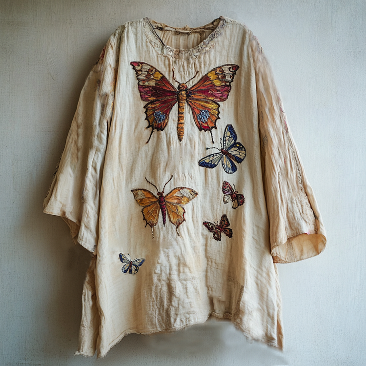 Lunivibe Women's Rainbow Butterfly And Dragonfly Embroidery Linen Art Floral Linen Round Neck Shirt