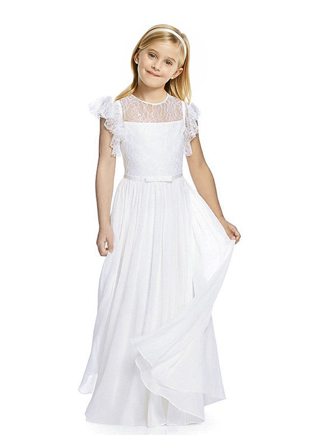 Oknass Short Sleeve Jewel Neck Column Long Length Flower Girl Dress Chiffon Lace With Lace  Butterfly