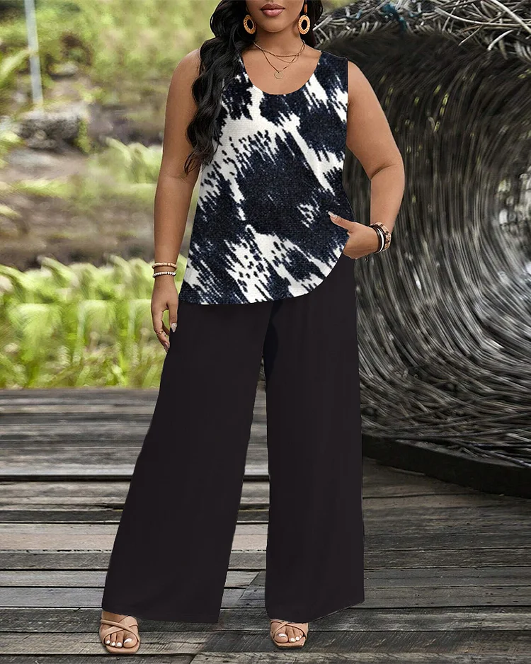 Mottled Print Round Neck Sleeveless Top and Straight-Leg Casual Pants Set