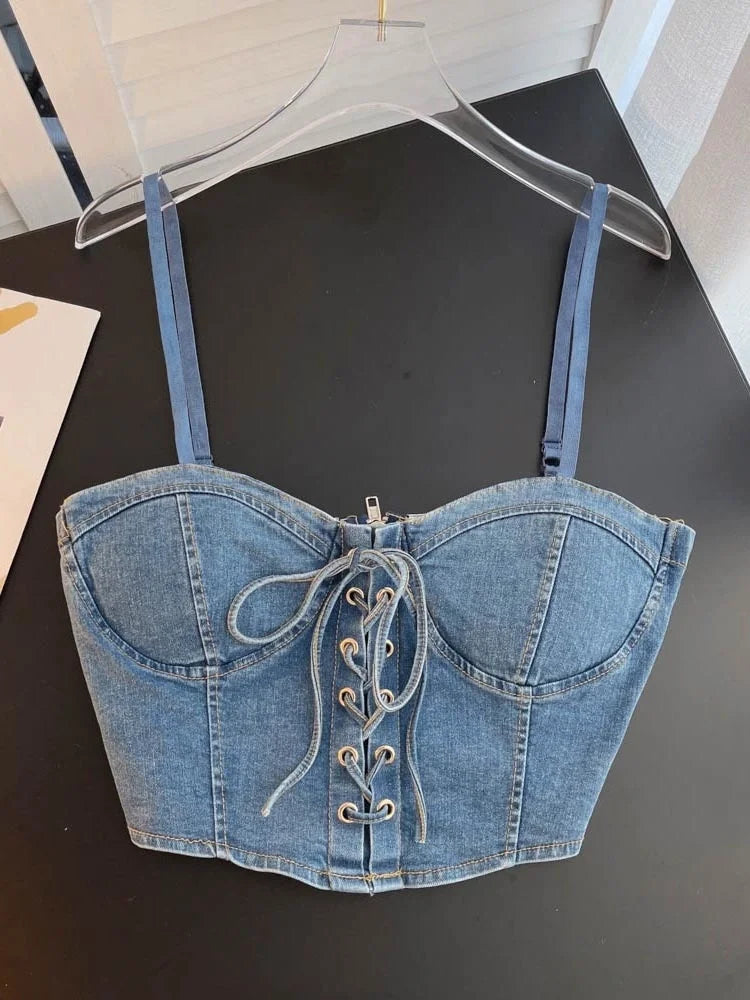 New Autumn Summer Fashion Top Sexy Tops Sleeveless Slim Y2K Denim Suspender Short  Vest LANFUBEISI