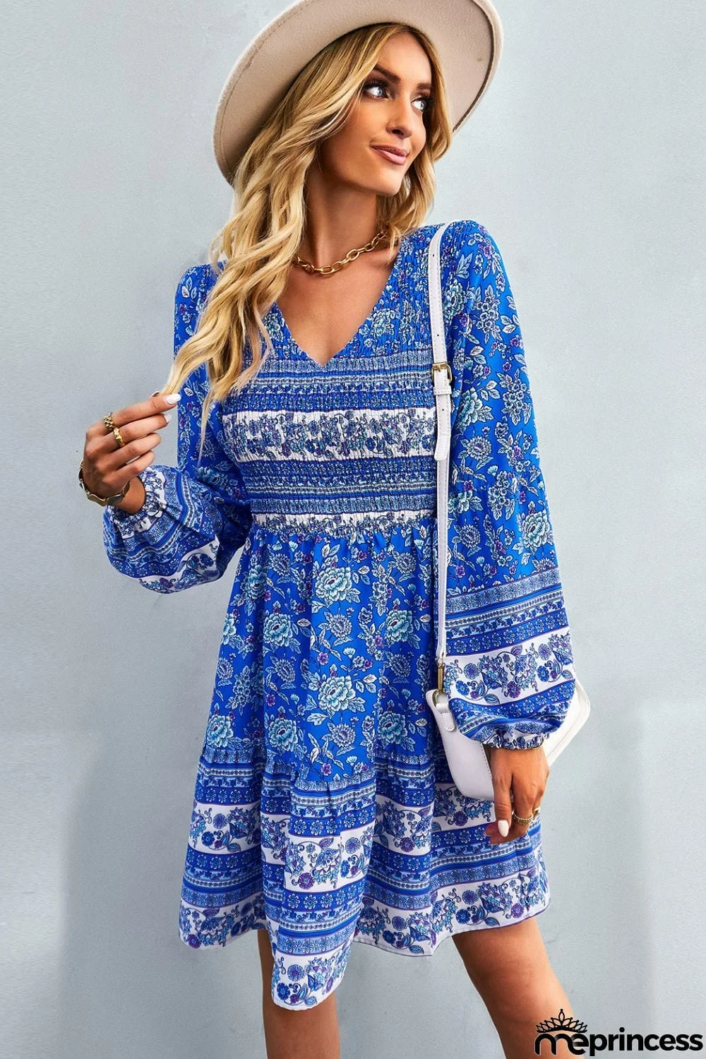 Bohemian V-Neck Balloon Sleeve Dress