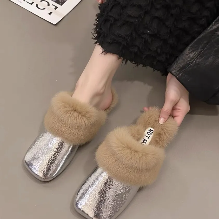 Breakj Breakj Wool Head Half Slippers Women Wear Plus Plus Velvet 2025 New Autumn And Winter Square Head Muller Plush Warm Cotton Drag