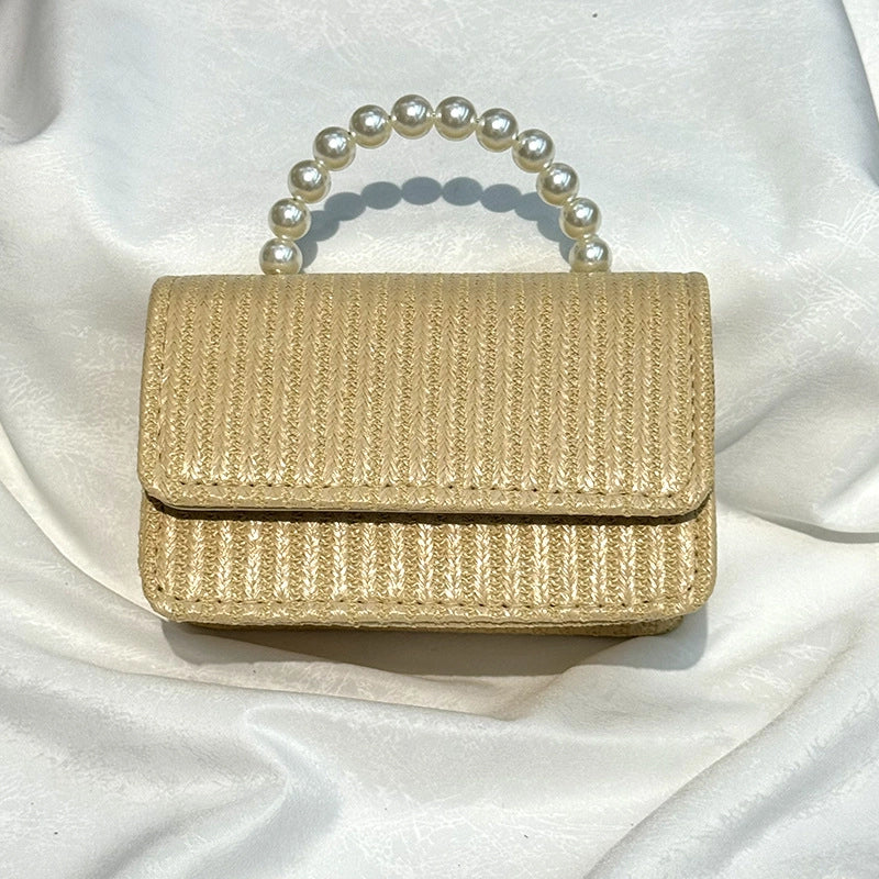 Women’s Straw Solid Color Vacation Beading Pearls Weave Square Magnetic Buckle Flip Cover Shoulder Bag Handbag Crossbody Bag