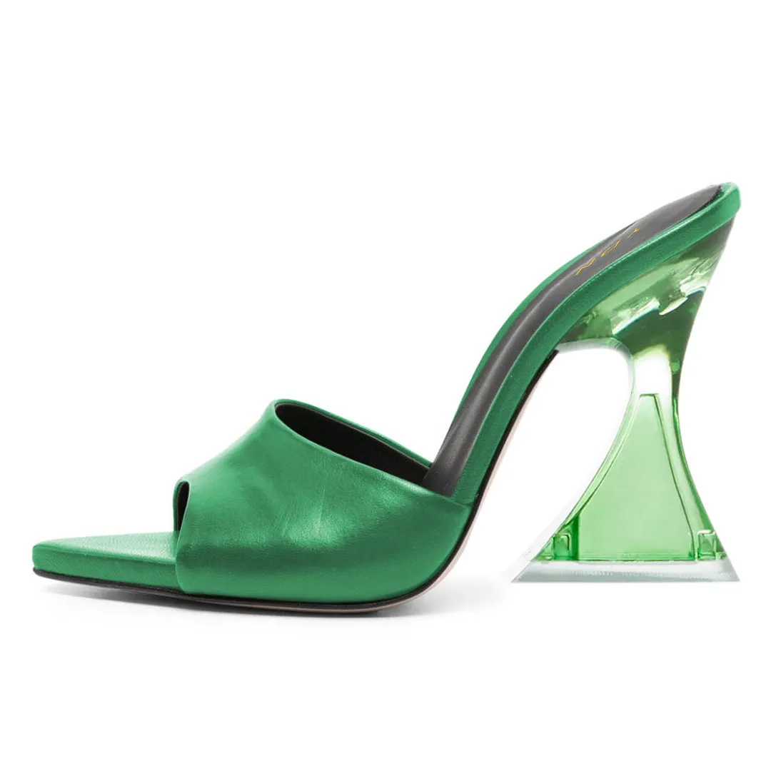 Green Vegan Leather Open Toe Clear Flared Heel Mules Sandals