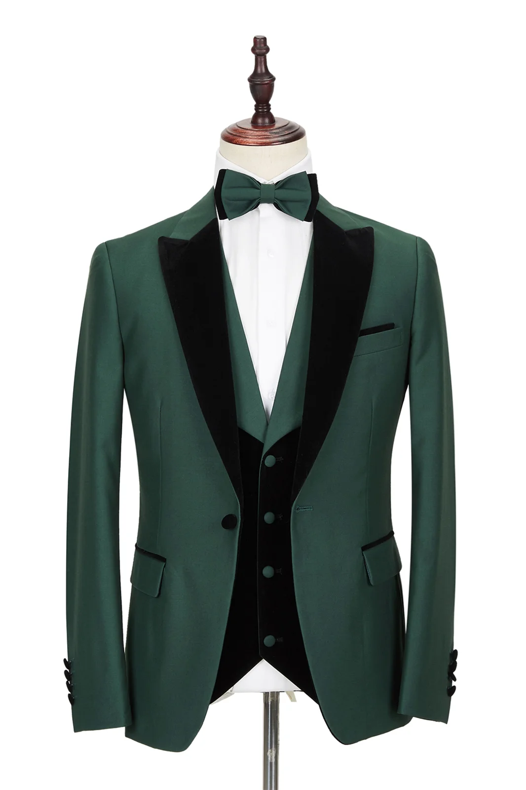 Black Peak Lapel Dark Green Men's Wedding Suit Velvet Banding Edge Formal Suit