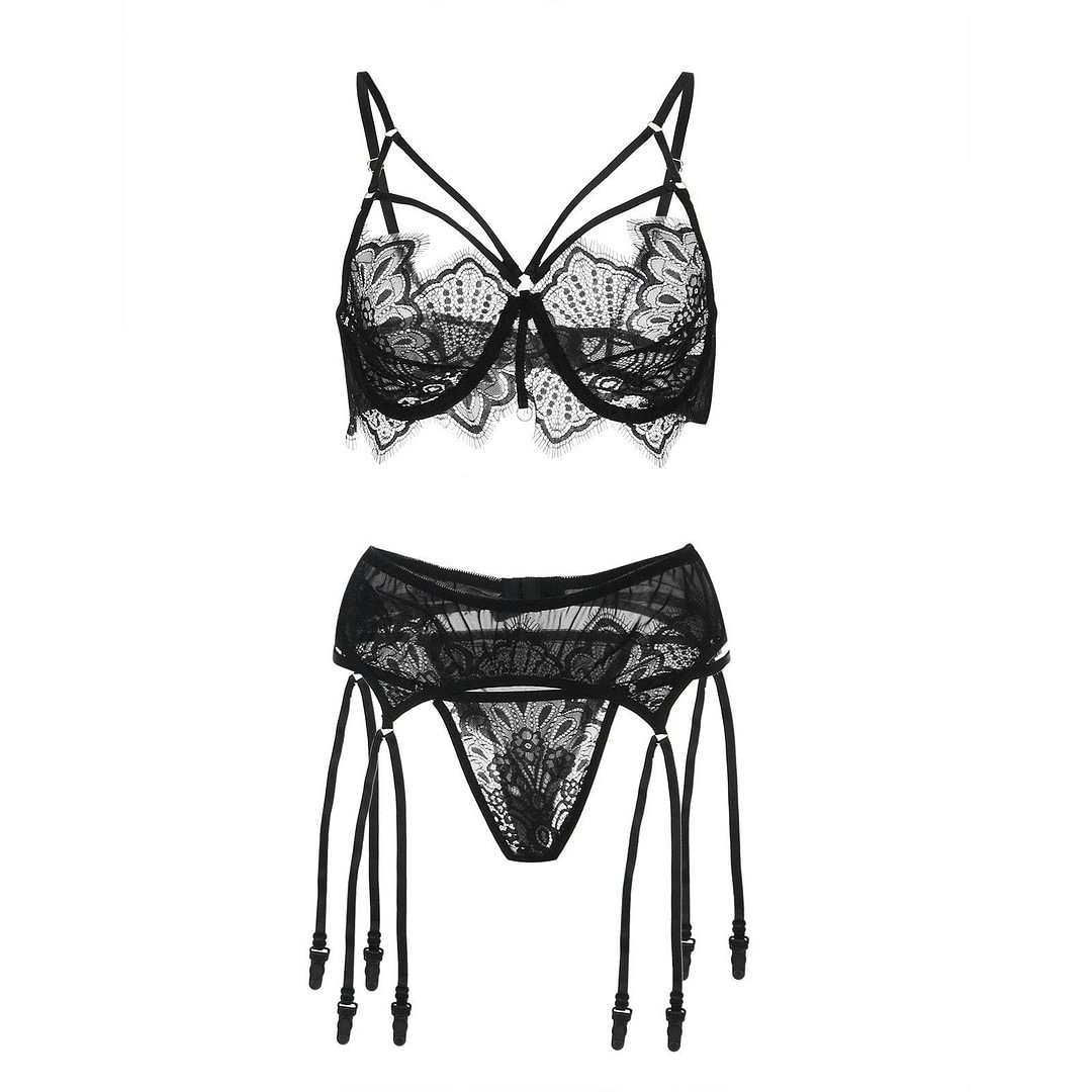 3PCS Sexy Women's Underwear Set Lace Hollow Out Sexy Lingerie Embroidery Transparent Push up Bra Panty with Garter 3 Piece Set