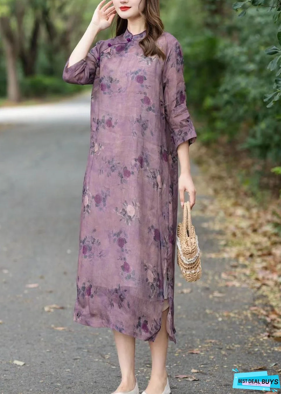 Vintage Purple Stand Collar Print Patchwork Linen Dress Summer