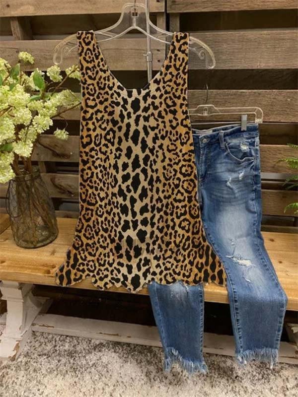 Sleeveless Leopard-Print Casual Shirts & Tops