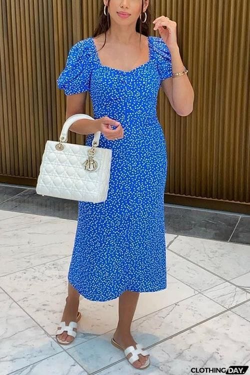 Print Slit Short Sleeve Dress