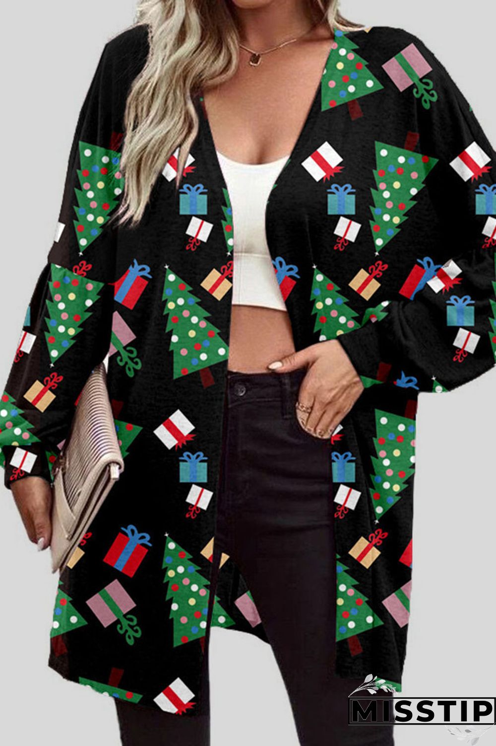Christmas Tree Casual Print Patchwork Cardigan Collar Outerwear