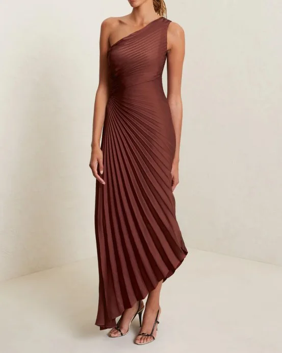 One-shoulder pleated satin dress