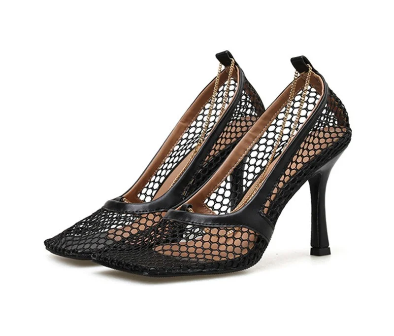 2020 Runway style Women Pumps Fashion Square toe chains thin heeled Summer High heels Elegant Hollow out Mesh Office Lady Shoes