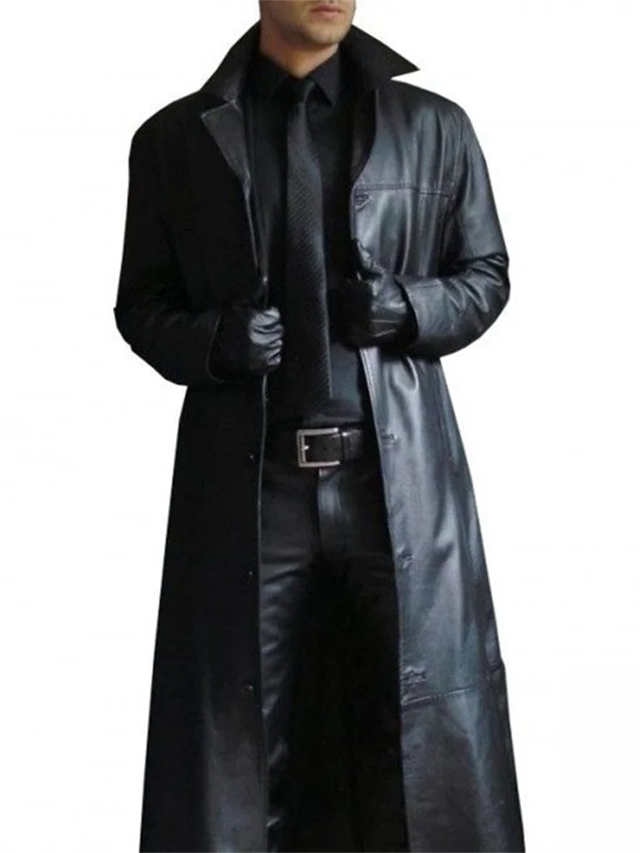 Men's Winter Coat Faux Leather Jacket Party Business Winter Fall Faux Leather Windproof Warm Outerwear Clothing Apparel Artistic / Retro Cosplay Pure Color Pocket Turndown Single Breasted