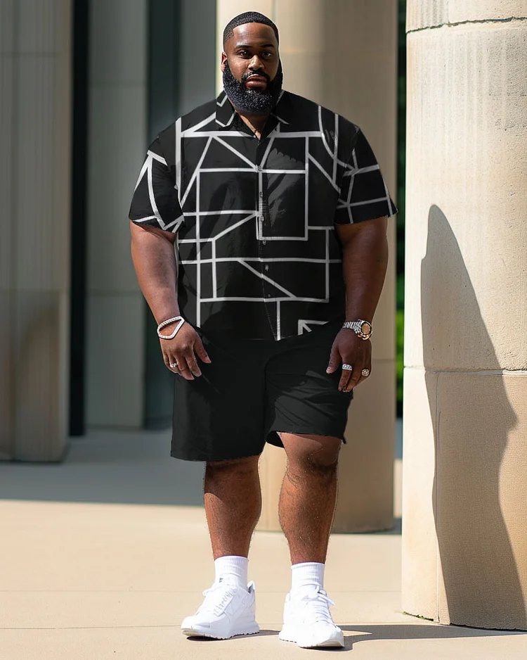 Men's Large Size Casual Geo Print Short Shirt Shorts Suit