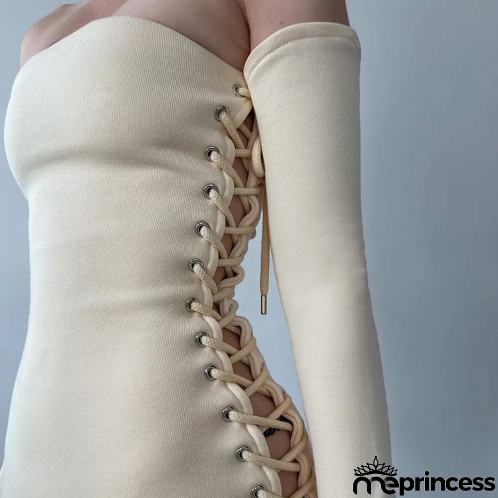 Summer Solid Color Strapless Lace-Up Club Dress With Sleeves