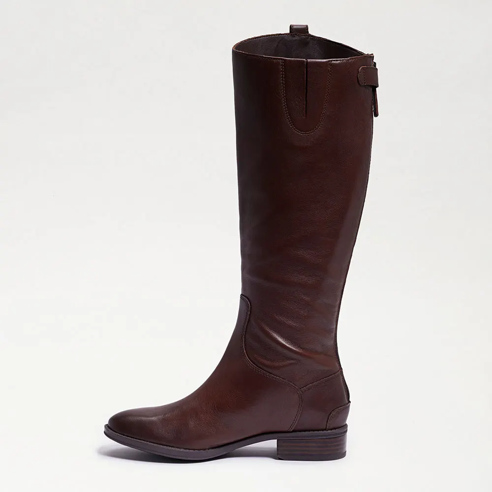 Women's Dark Brown Round Toe Back Zipper Pull Tab Knee High Boots