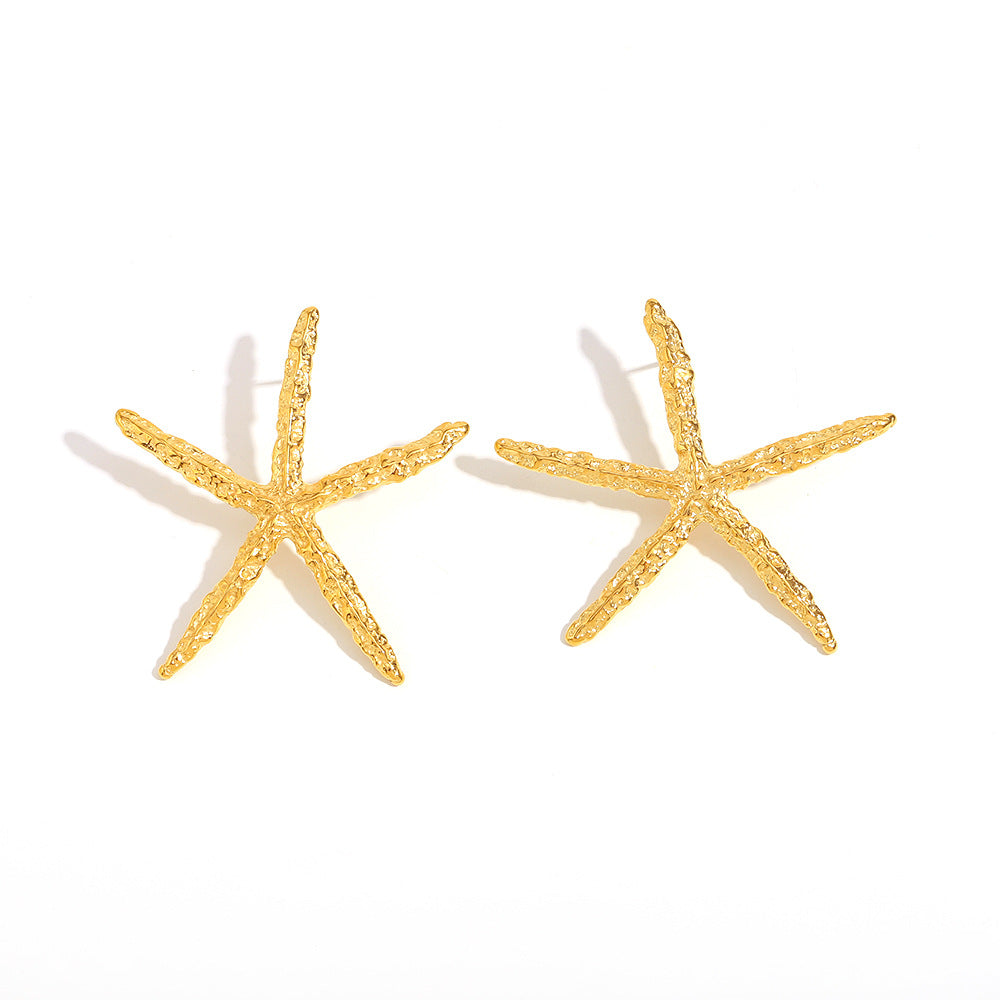 Ins Style Exaggerated Ocean Style Earrings Stainless Steel 18K Gold Plated Hammered Starfish Earrings