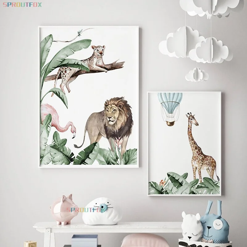 Cartoon Tropical Rainforest Animals Painting Elephant Giraffe Nordic Plant Wall Painitng Canvas Kids Baby Bedroom Decoration