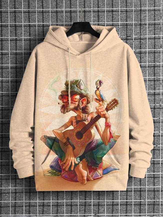 Men's Hippie Art Guitarist Parrot Print Casual Hoodie