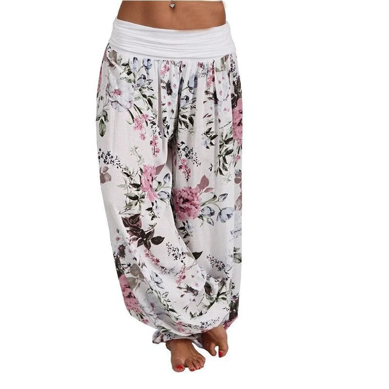 Women Bohemian Floral Print Long Pants 2021 Mid Waist Vintage Harem Pants Elastic Waist Boho Beach Trousers Plus Size 5XL