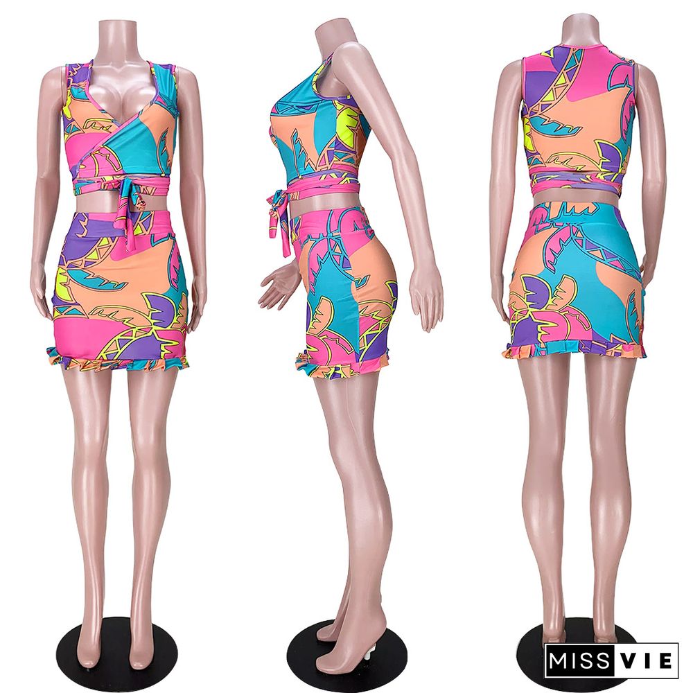 Women Streetwear Fashion Summer Print Bandage Crop Top Mini Skirt Party Clubwear Two Piece Set