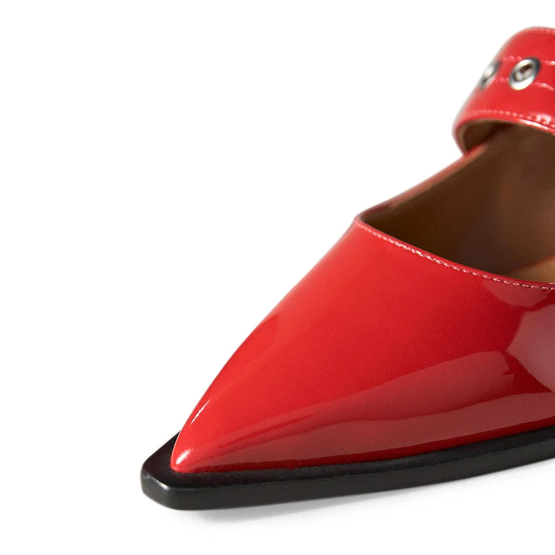 Red Patent Leather Buckle Strap Mary Jane Flats with Pointed Toe