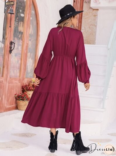 V-Neck Lantern Sleeve Ruffle Hem Dress